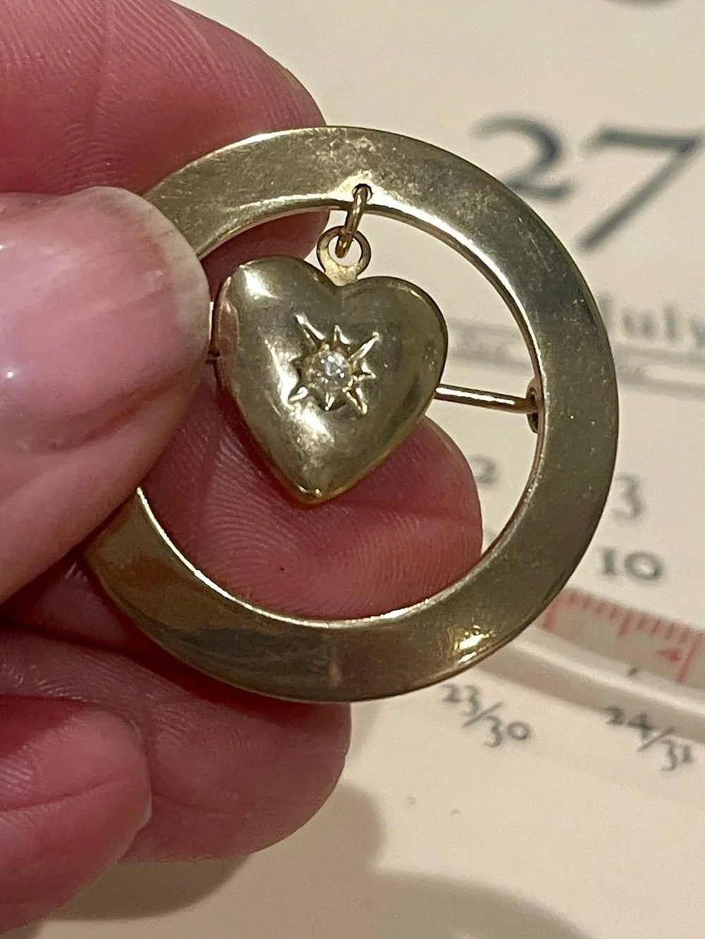 Vintage Gold Heart Locket with Starburst Diamond Flake-Circle Brooch